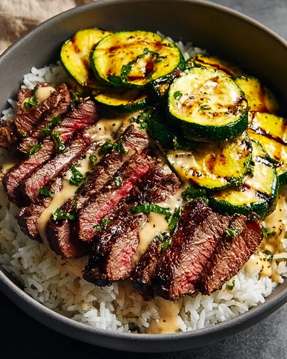 Delicious grilled steak bowl topped with sauce and grilled zucchini