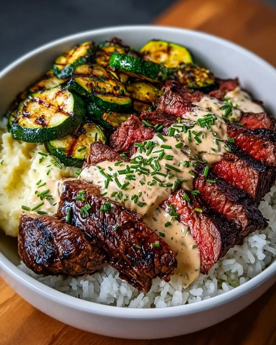 Grilled steak bowl with sauce and grilled zucchini served in a bowl