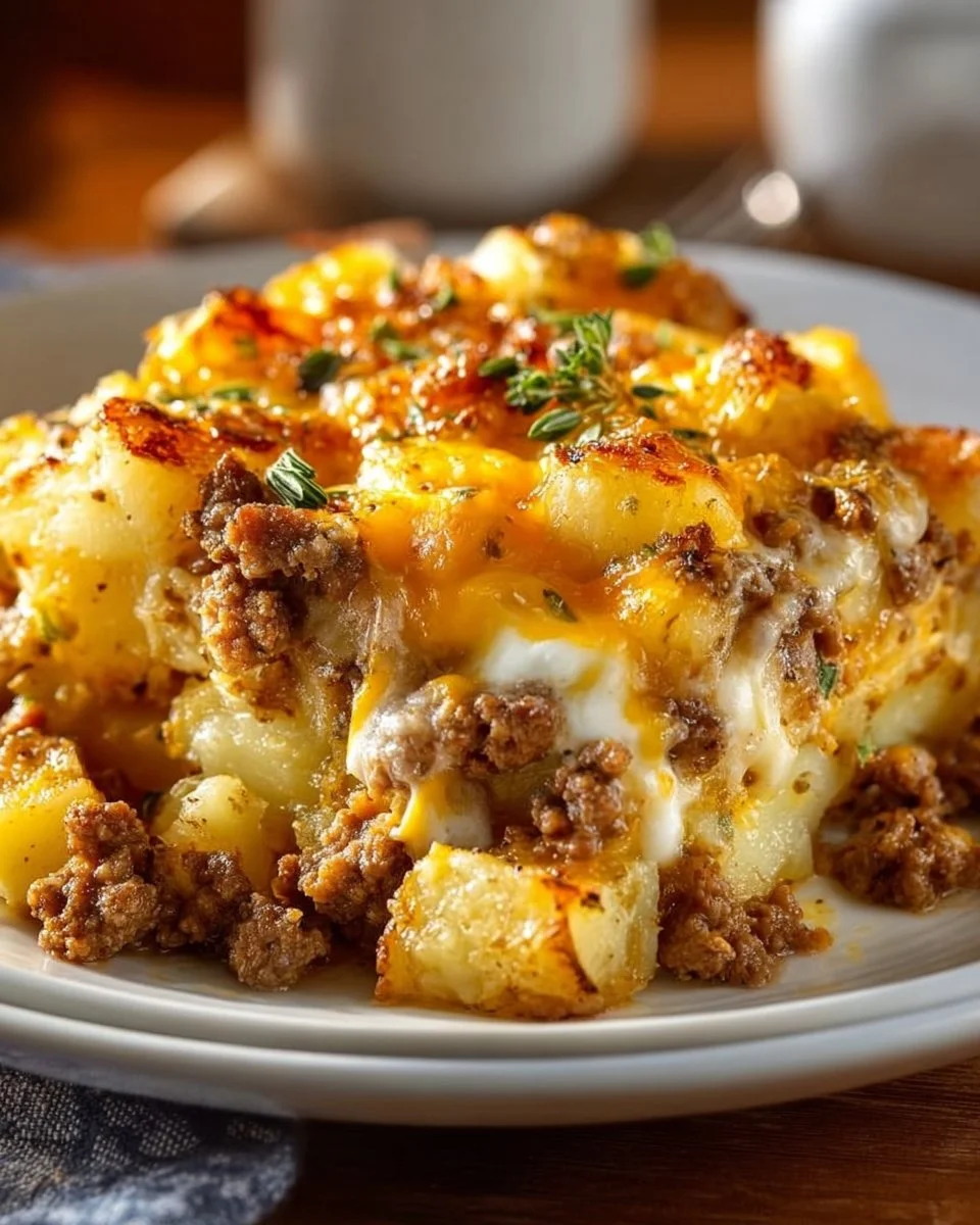 Delicious ground beef and potatoes casserole baked to perfection