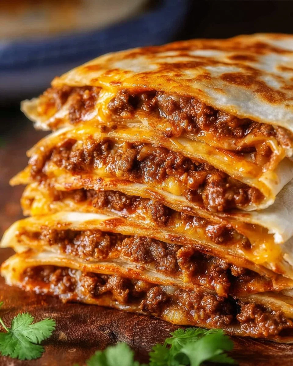 Savory ground beef quesadillas served with salsa and guacamole.