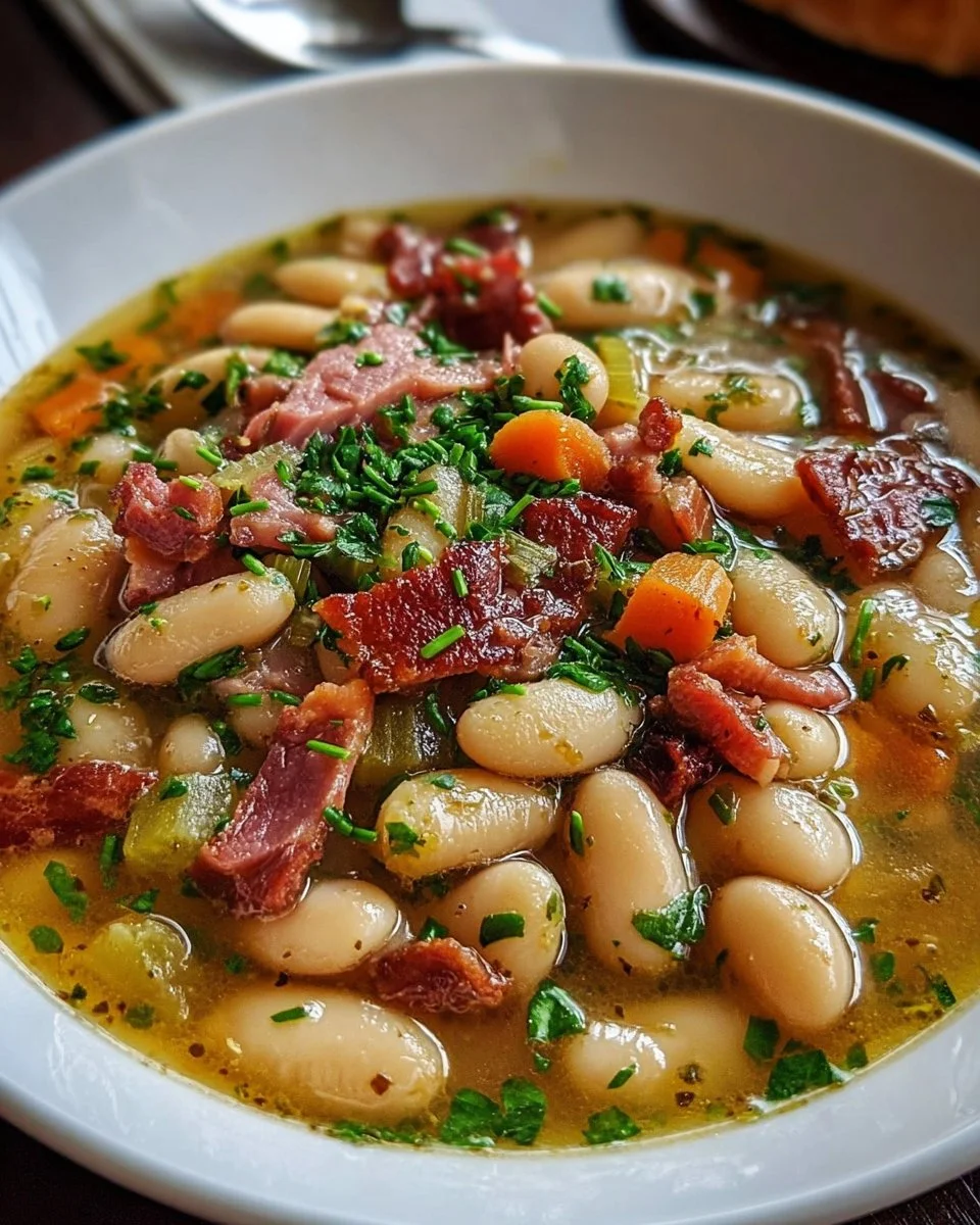 Bowl of creamy ham butter bean soup garnished with herbs and served warm.