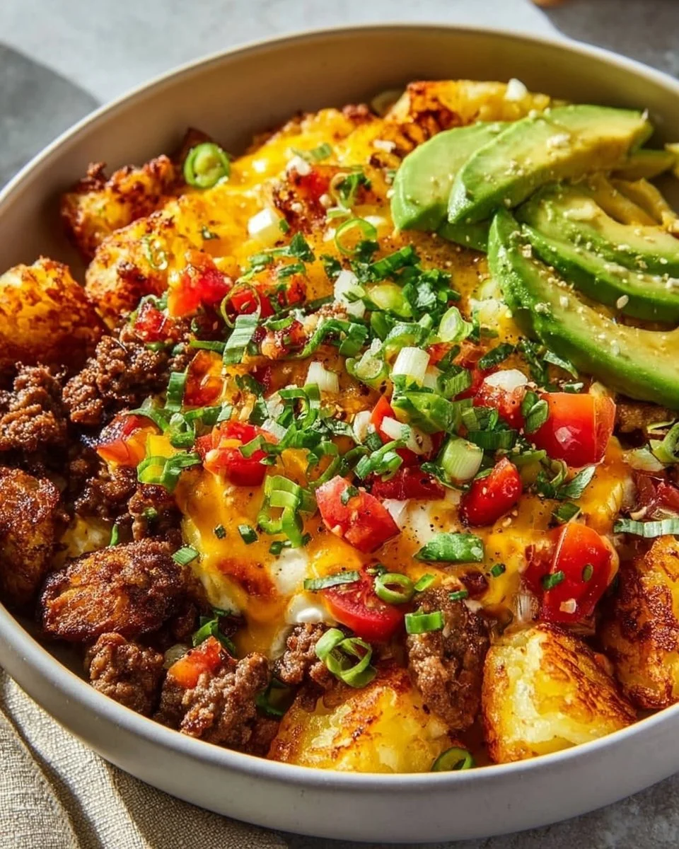Freshly prepared hash brown breakfast bowls with eggs and vegetables