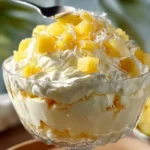 Bowl of Hawaiian Pineapple Coconut Cream Fluff dessert topped with coconut flakes.