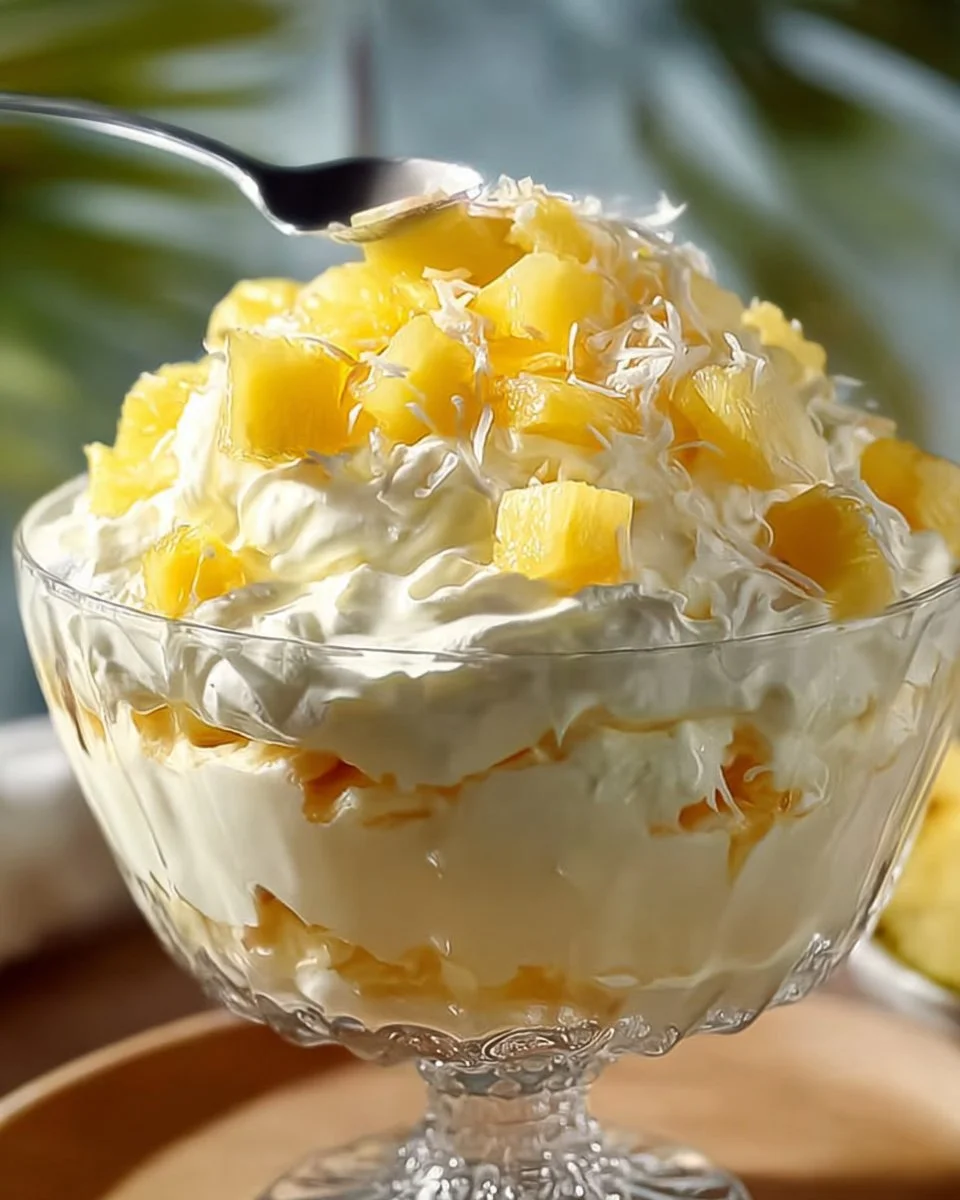 Bowl of Hawaiian Pineapple Coconut Cream Fluff dessert topped with coconut flakes.