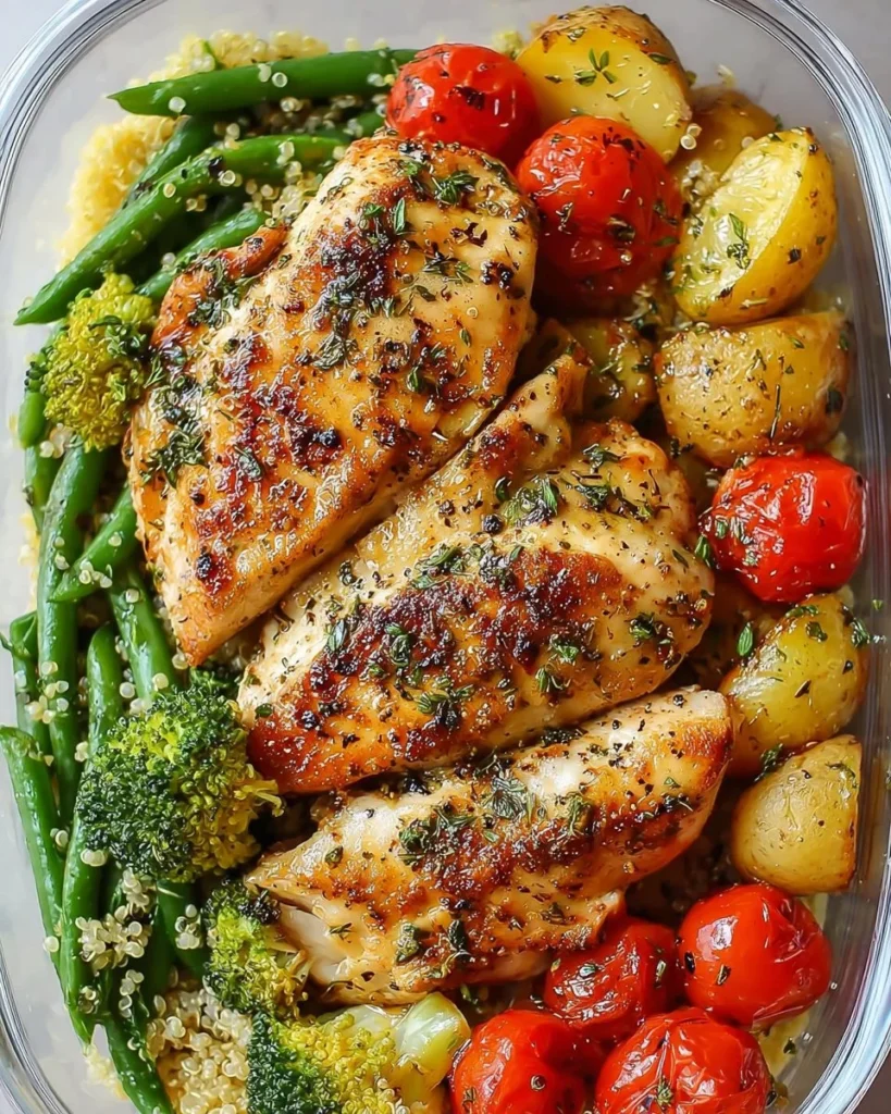 Healthy lemon garlic chicken meal prep bowls with vegetables and brown rice