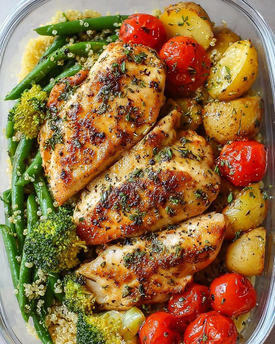 Healthy lemon garlic chicken meal prep bowls with vegetables and brown rice