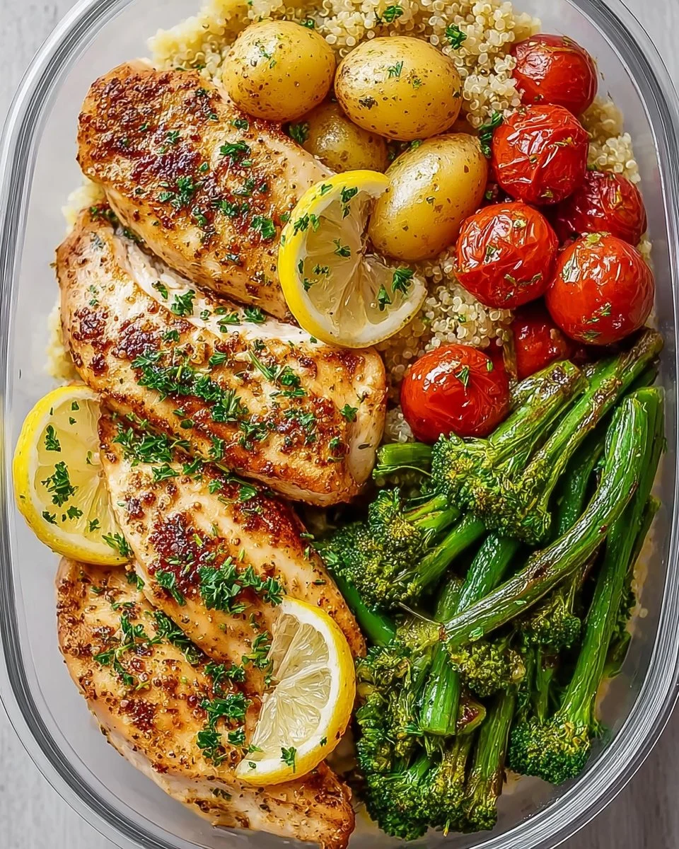 Healthy lemon garlic chicken meal prep bowls with vegetables and grains