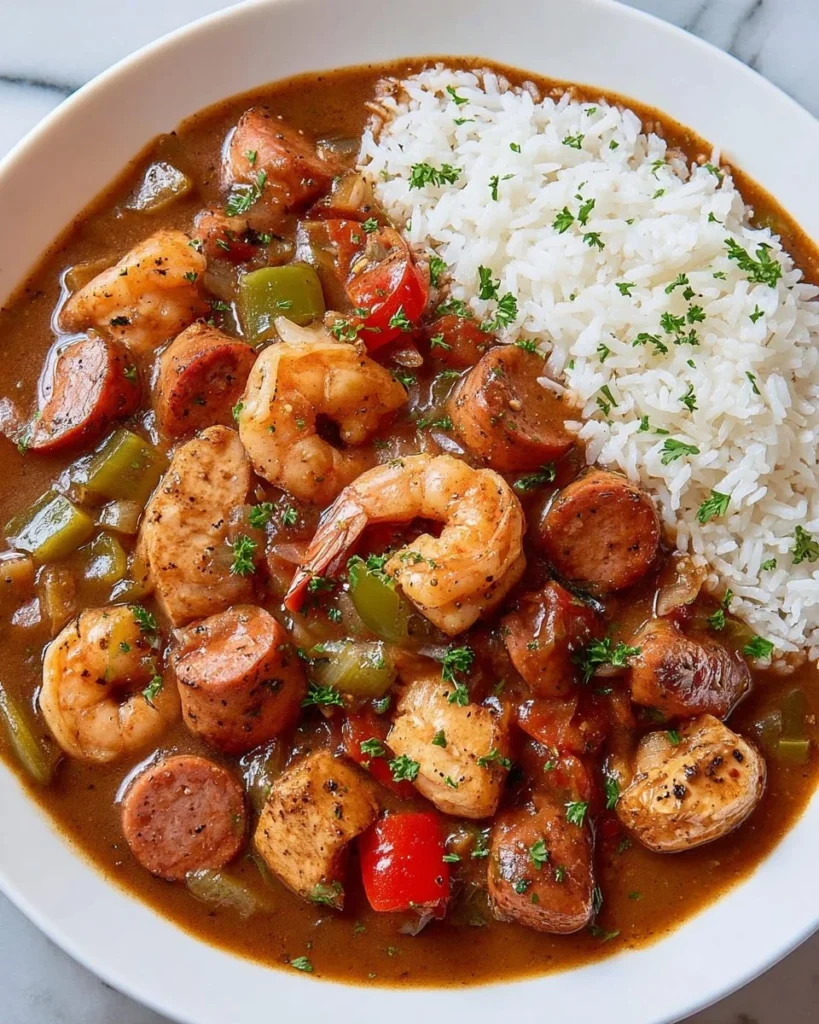 A bowl of hearty Louisiana stew filled with vegetables and meat