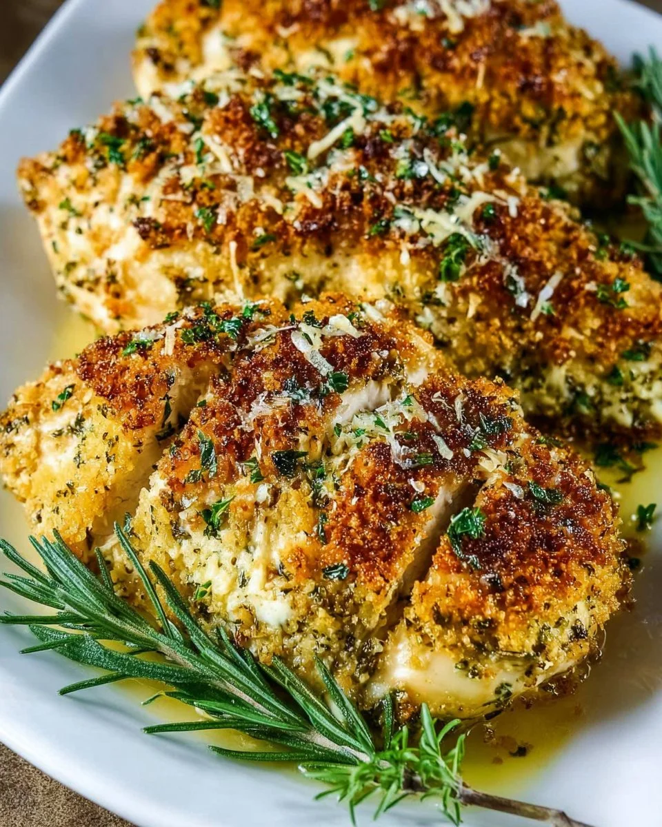 Herb-Crusted Baked Boursin Chicken dish served with herbs on a cozy table setting.