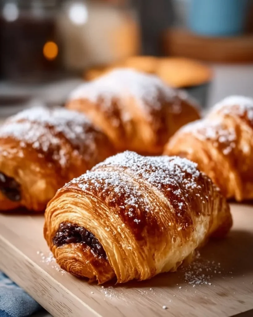 Homemade chocolate croissants fresh out of the oven, flaky pastry and rich filling