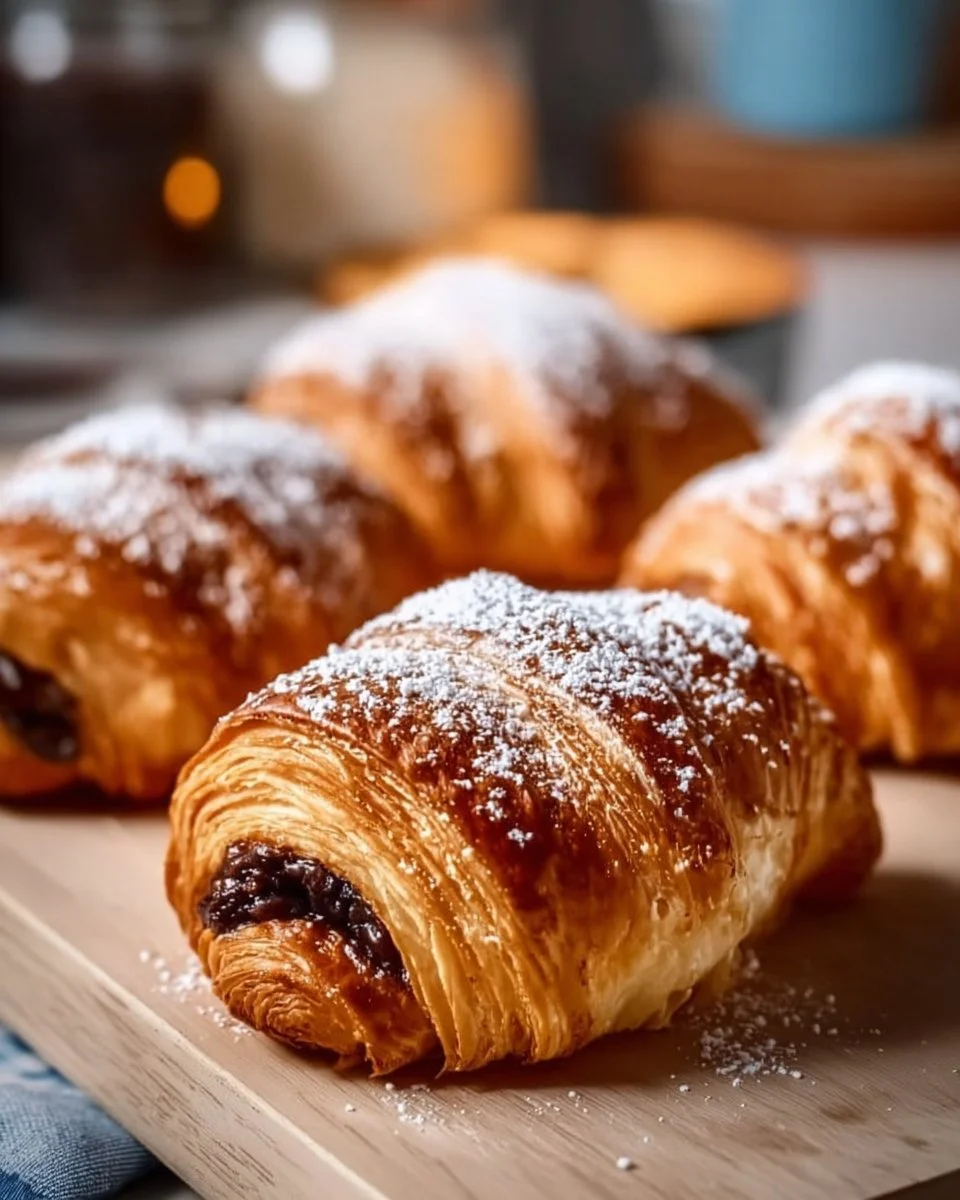Homemade chocolate croissants fresh out of the oven, flaky pastry and rich filling