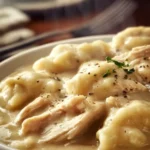 Homemade chicken and dumplings in a bowl, inspired by Cracker Barrel recipe.