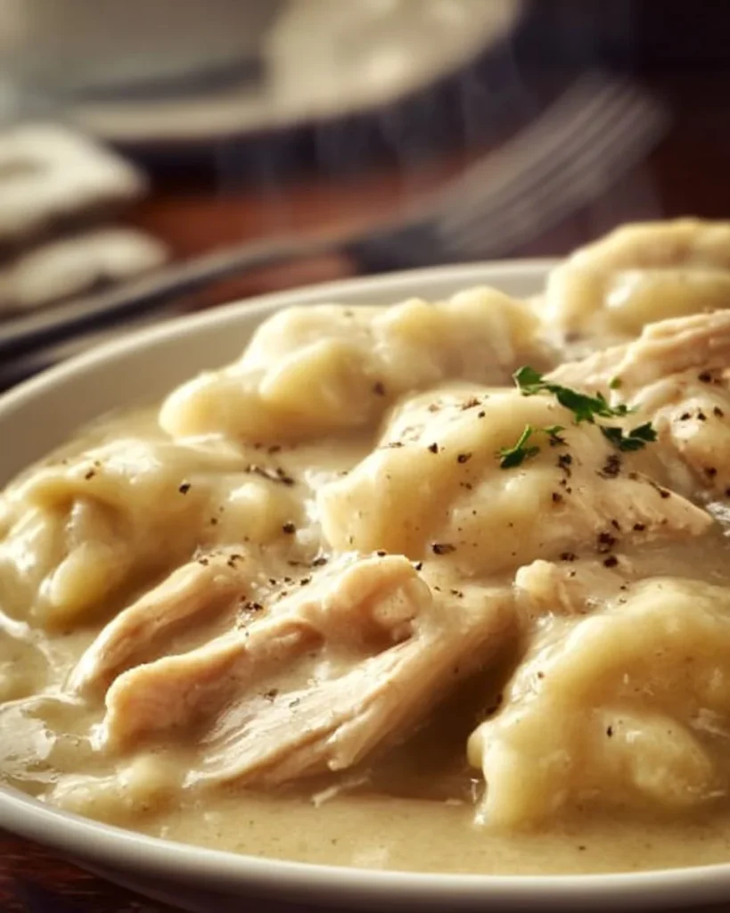 Homemade chicken and dumplings in a bowl, inspired by Cracker Barrel recipe.