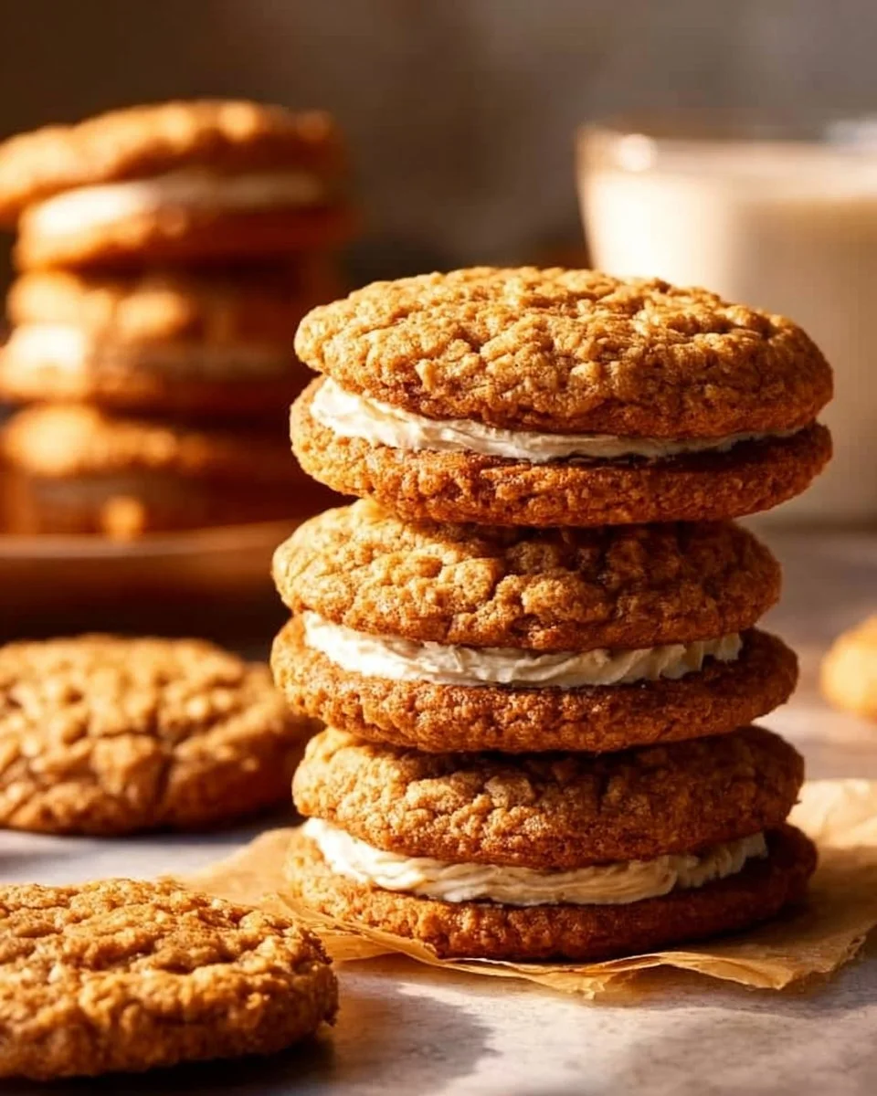 Homemade oatmeal cream pies with creamy filling between soft cookies.