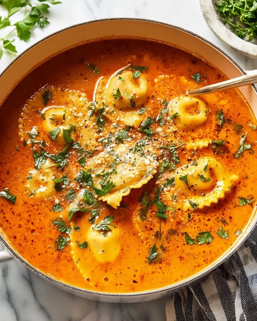 A steaming bowl of homemade ravioli soup with fresh herbs and vegetables.