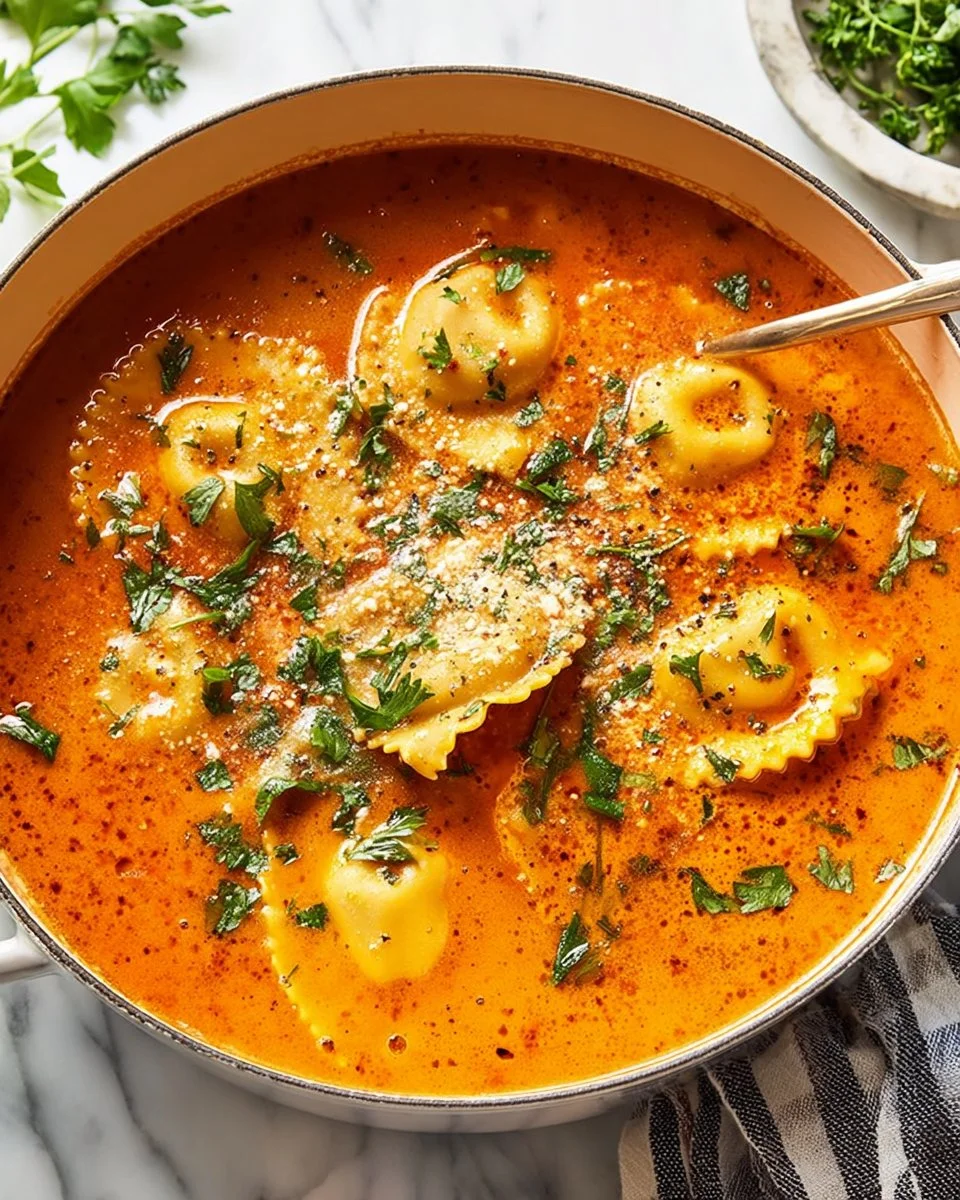 A steaming bowl of homemade ravioli soup with fresh herbs and vegetables.