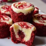 Homemade red velvet brownie bites on a white plate with decorative sprinkles.