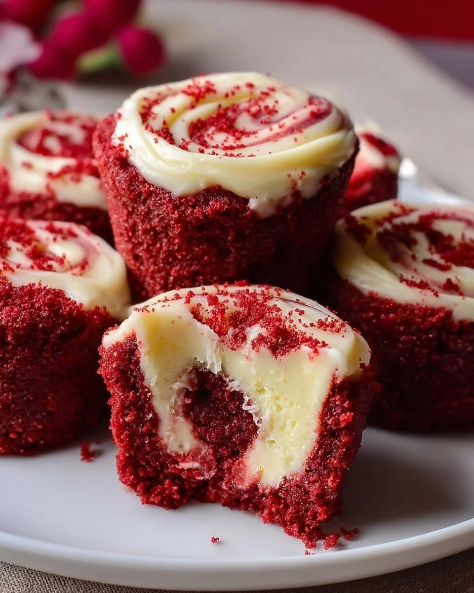 Homemade red velvet brownie bites on a white plate with decorative sprinkles.