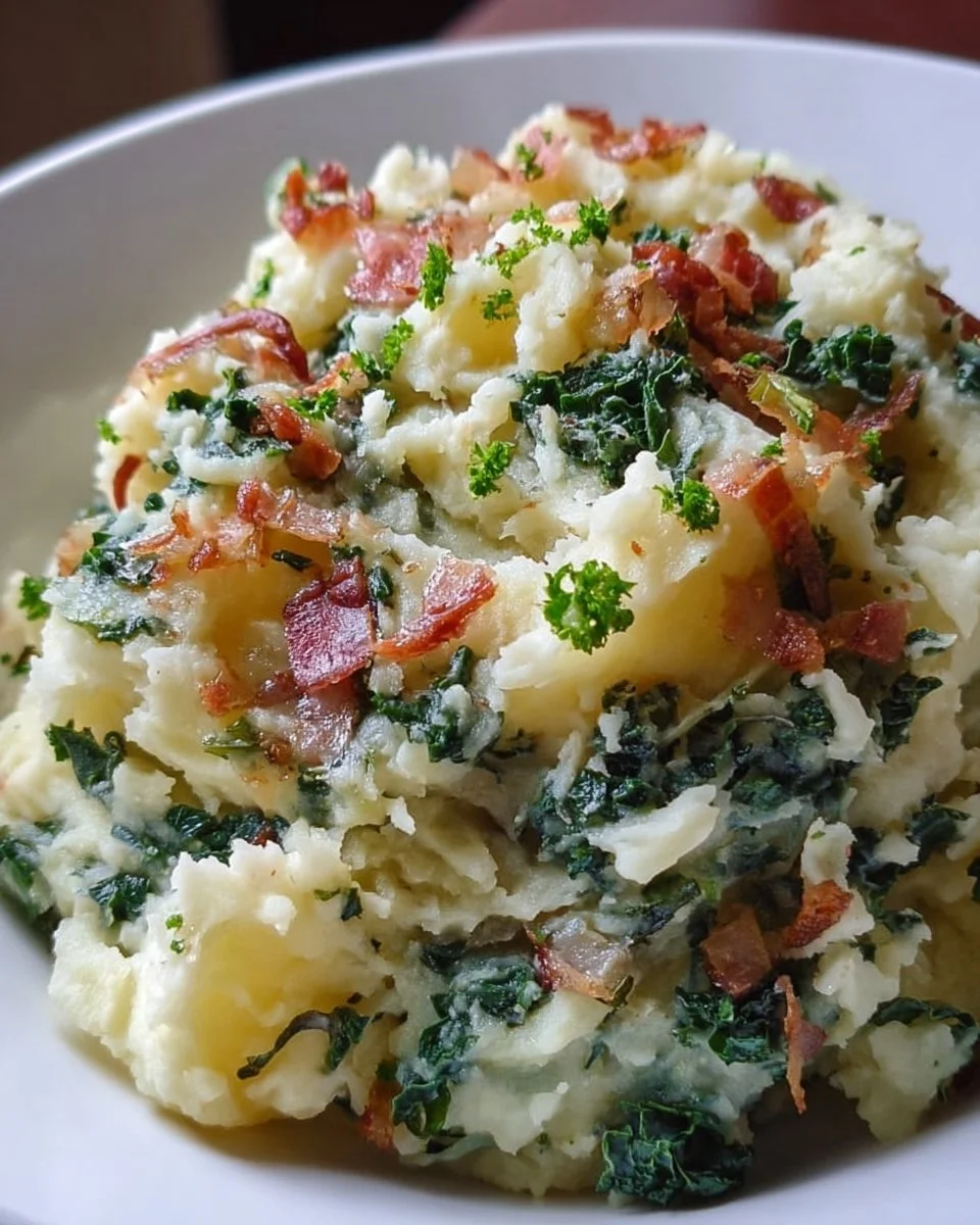 Delicious Irish Colcannon made with mashed potatoes and leafy greens