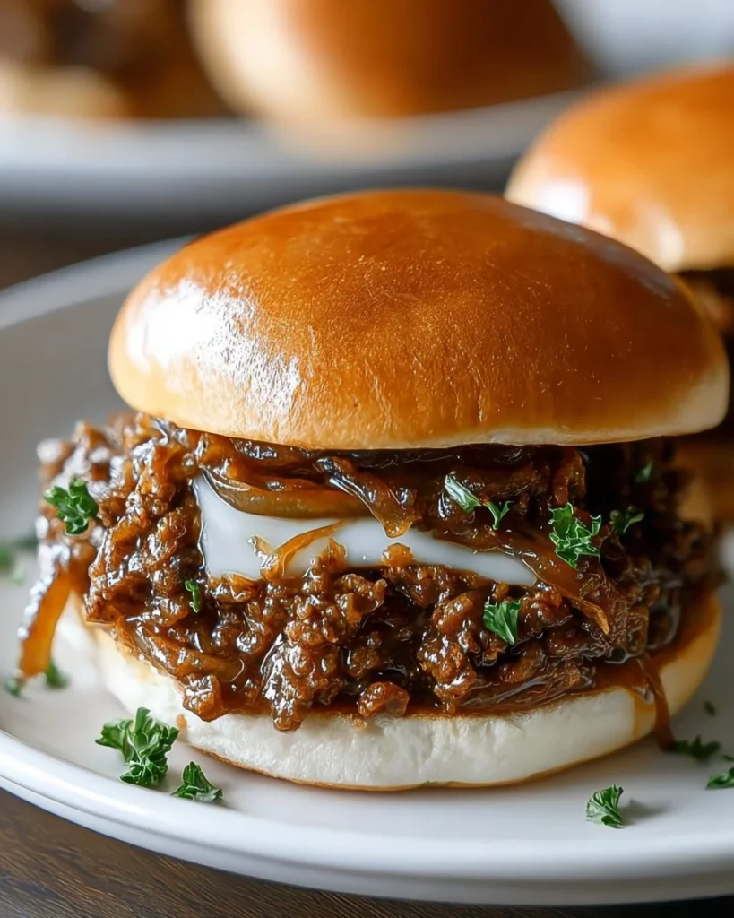 Delicious French Onion Beef Sloppy Joes served on a plate