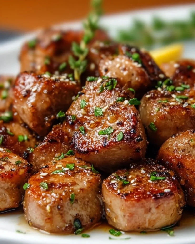 Savory garlic pork bites served on a plate, showcasing their delicious golden texture.