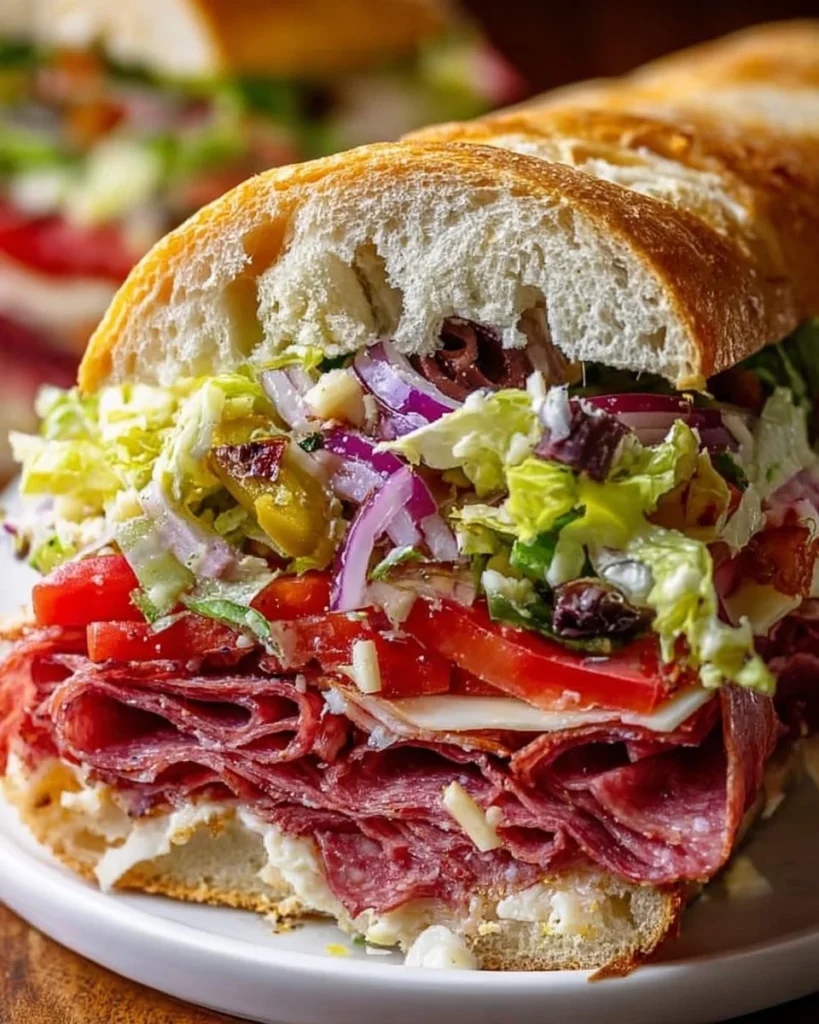 Italian Grinder Salad Sandwich with fresh vegetables and meats on a sub roll