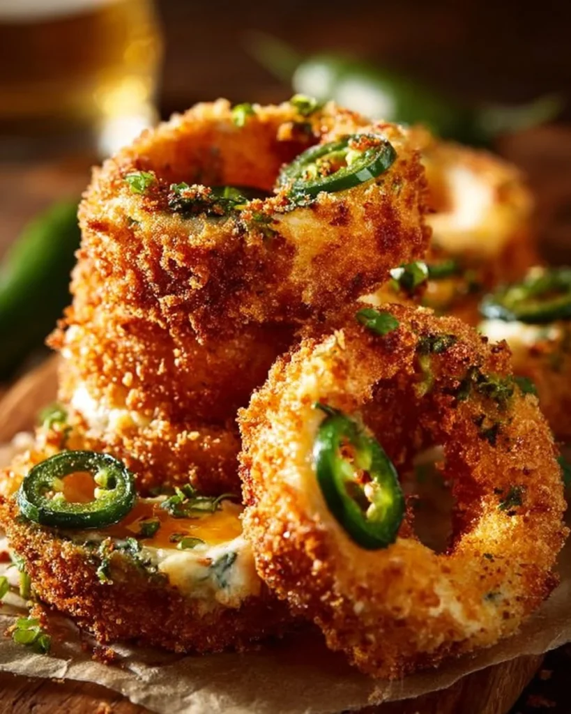 Crispy jalapeño popper stuffed onion rings topped with creamy cheese filling
