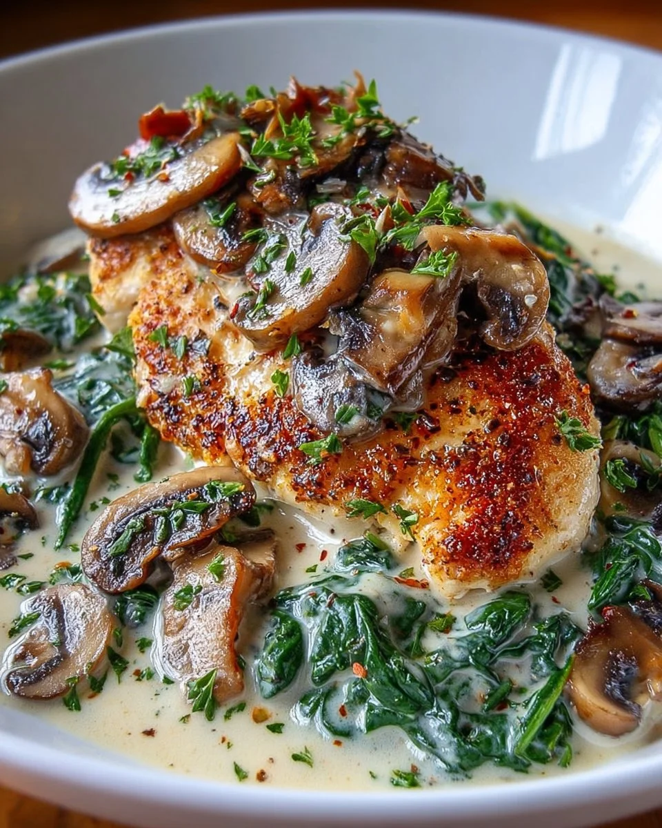 Delicious Keto Creamy Spinach Mushroom Chicken served on a plate