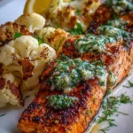Keto Herb Butter Salmon served with roasted cauliflower on a plate