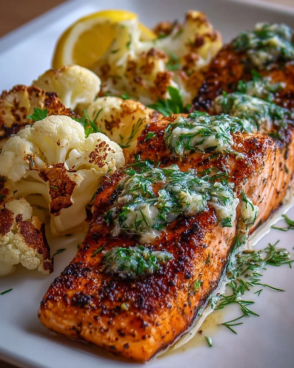 Keto Herb Butter Salmon served with roasted cauliflower on a plate