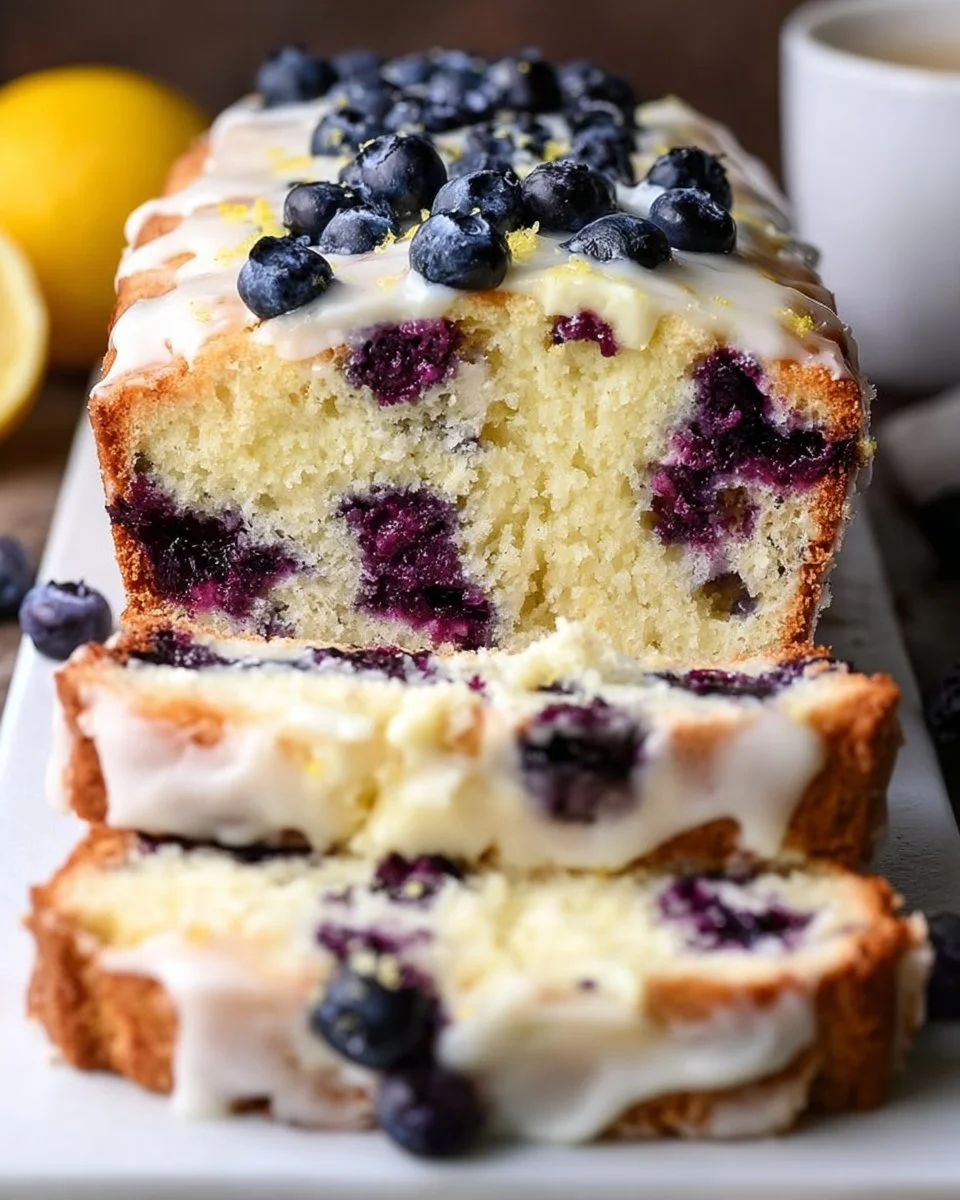 Sliced lemon blueberry cream cheese bread on a wooden cutting board
