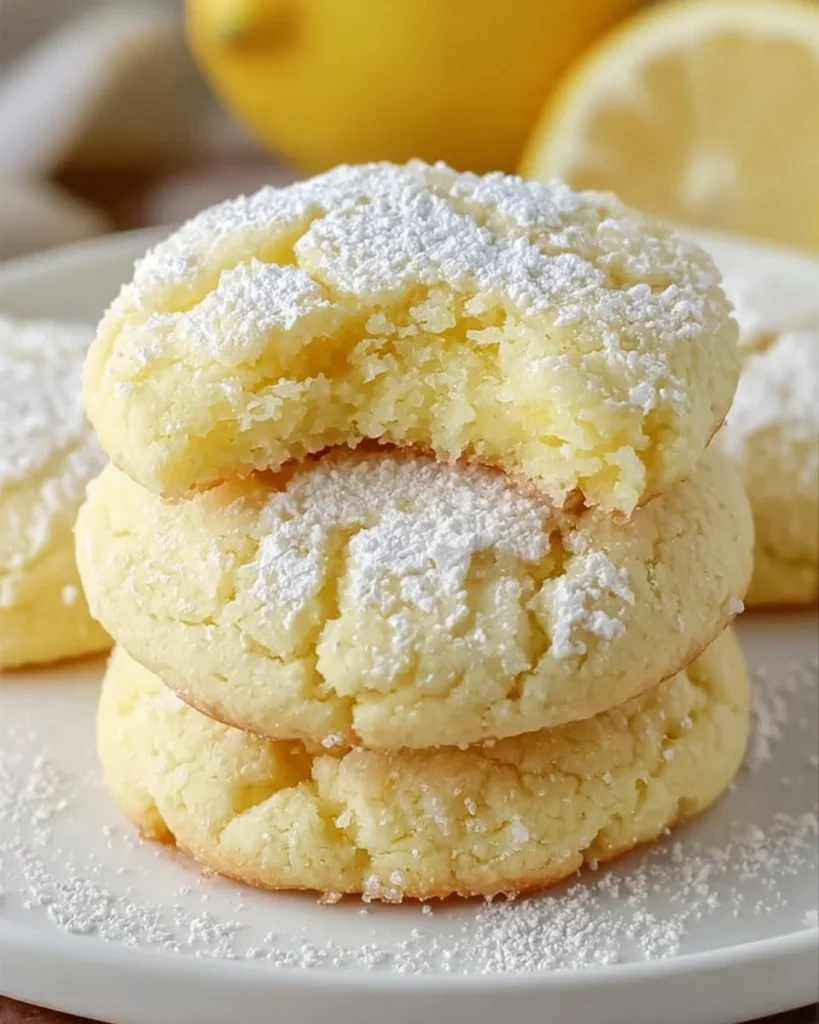A stack of delicious Lemon Cake Mix Cookies on a white plate with lemon slices