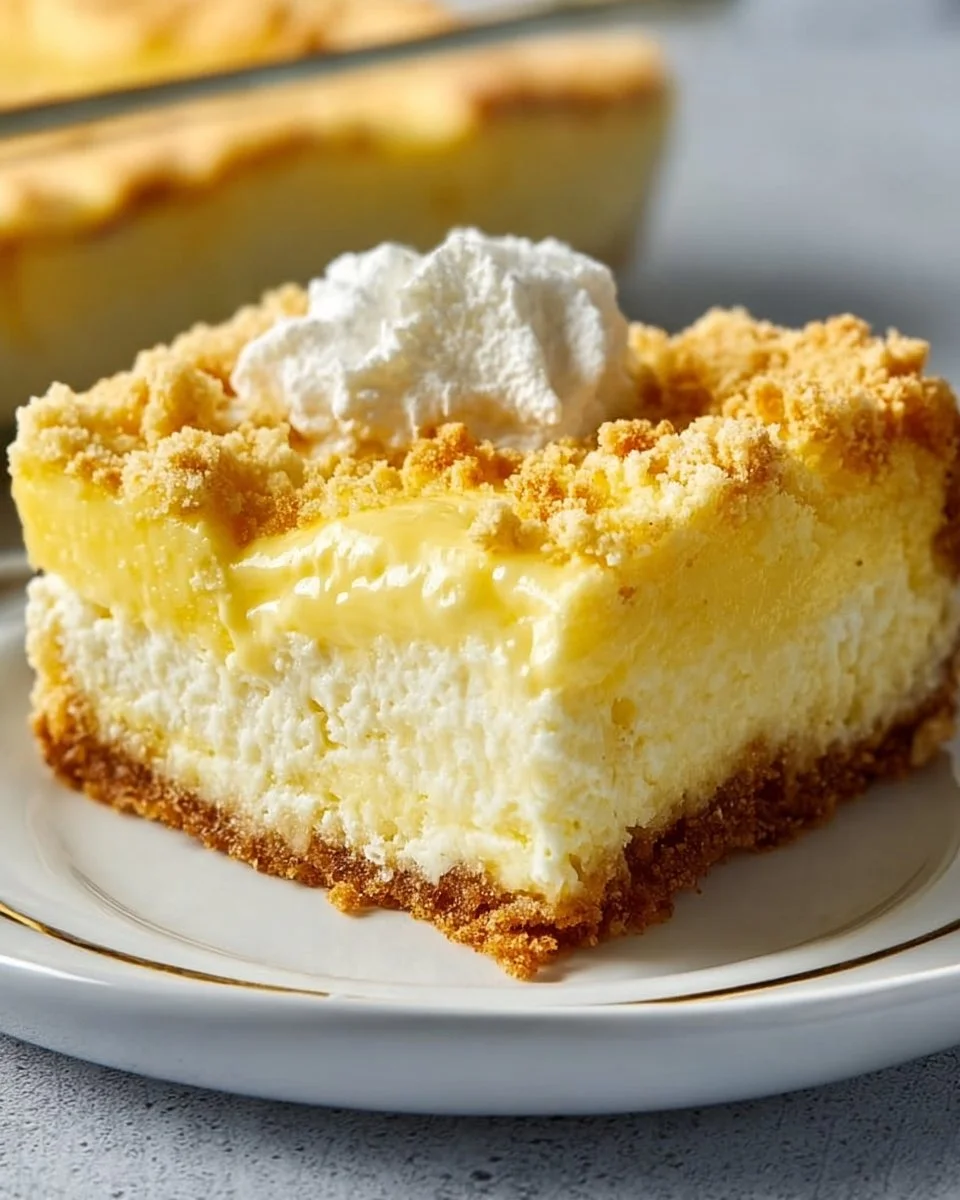 Lemon Cream Cheese Dump Cake baked and served on a plate, garnished with lemon slices.