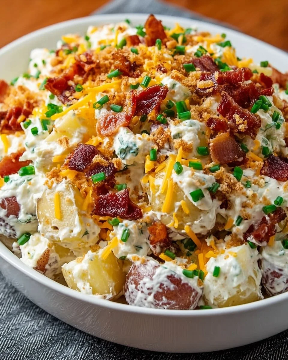 Delicious loaded potato salad topped with bacon, cheese, and green onions.