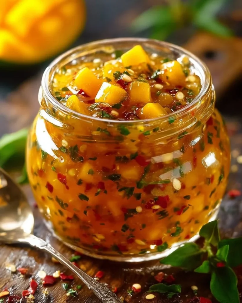 Mango Habanero Honey Garlic Sauce in a bowl ready for dipping.