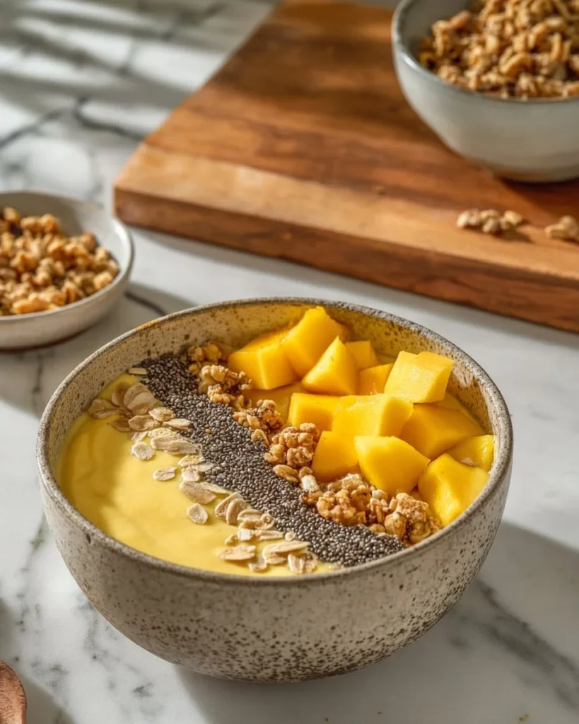 Delicious mango pineapple smoothie bowl topped with fresh fruits and granola.