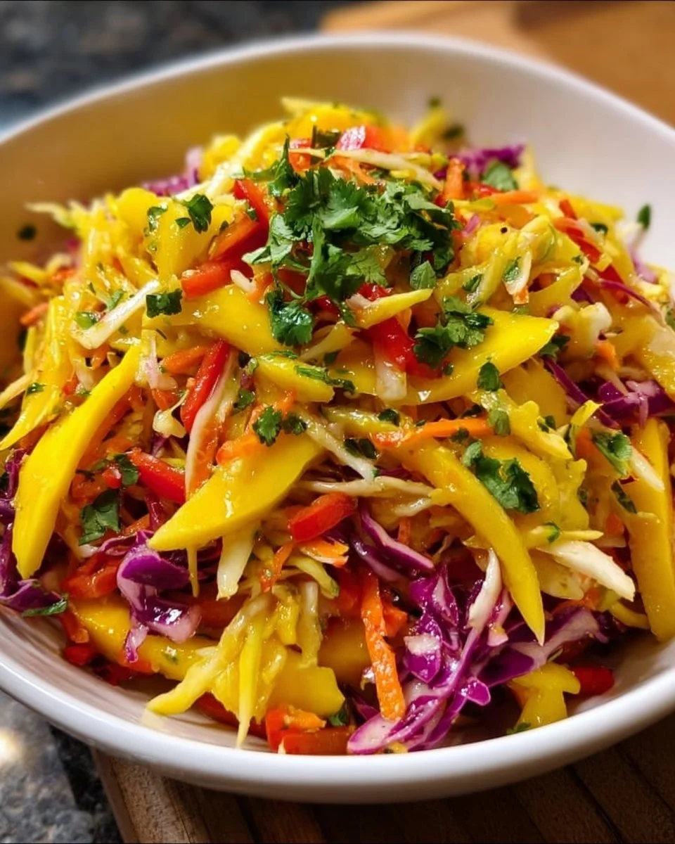 Colorful Mango Slaw with fresh ingredients in a serving bowl.