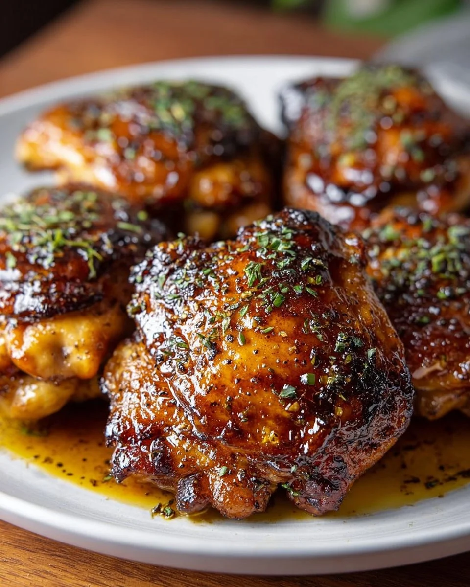 Maple glazed chicken thighs served on a plate with fresh herbs and vegetables