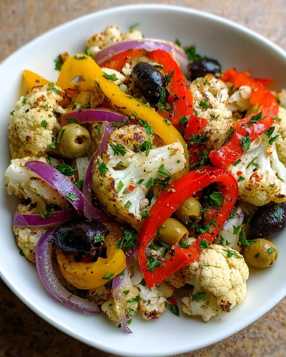 Zesty marinated cauliflower salad with fresh herbs and vegetables