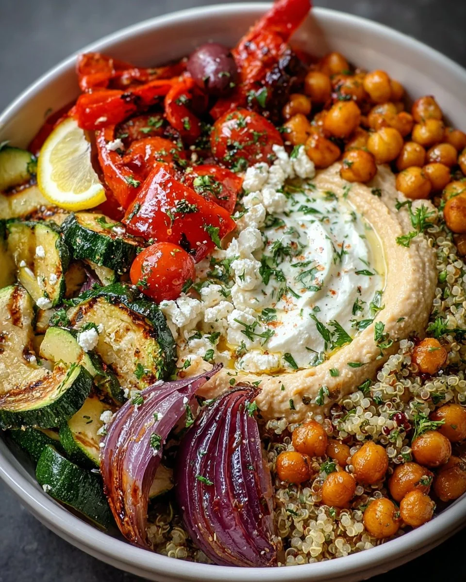 Colorful Mediterranean Buddha Bowl with fresh veggies, grains, and dressing.