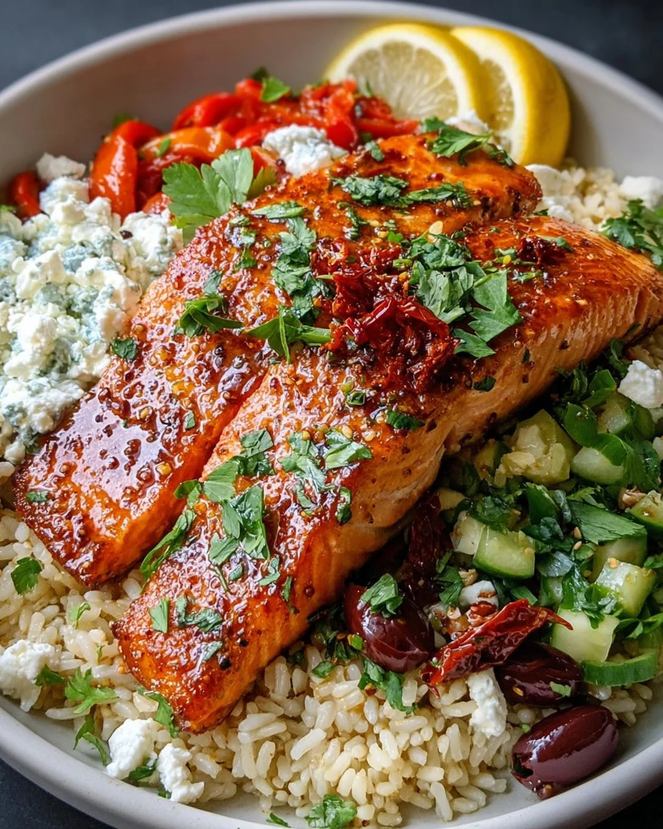 Healthy Mediterranean Salmon Bowl with fresh vegetables and grains