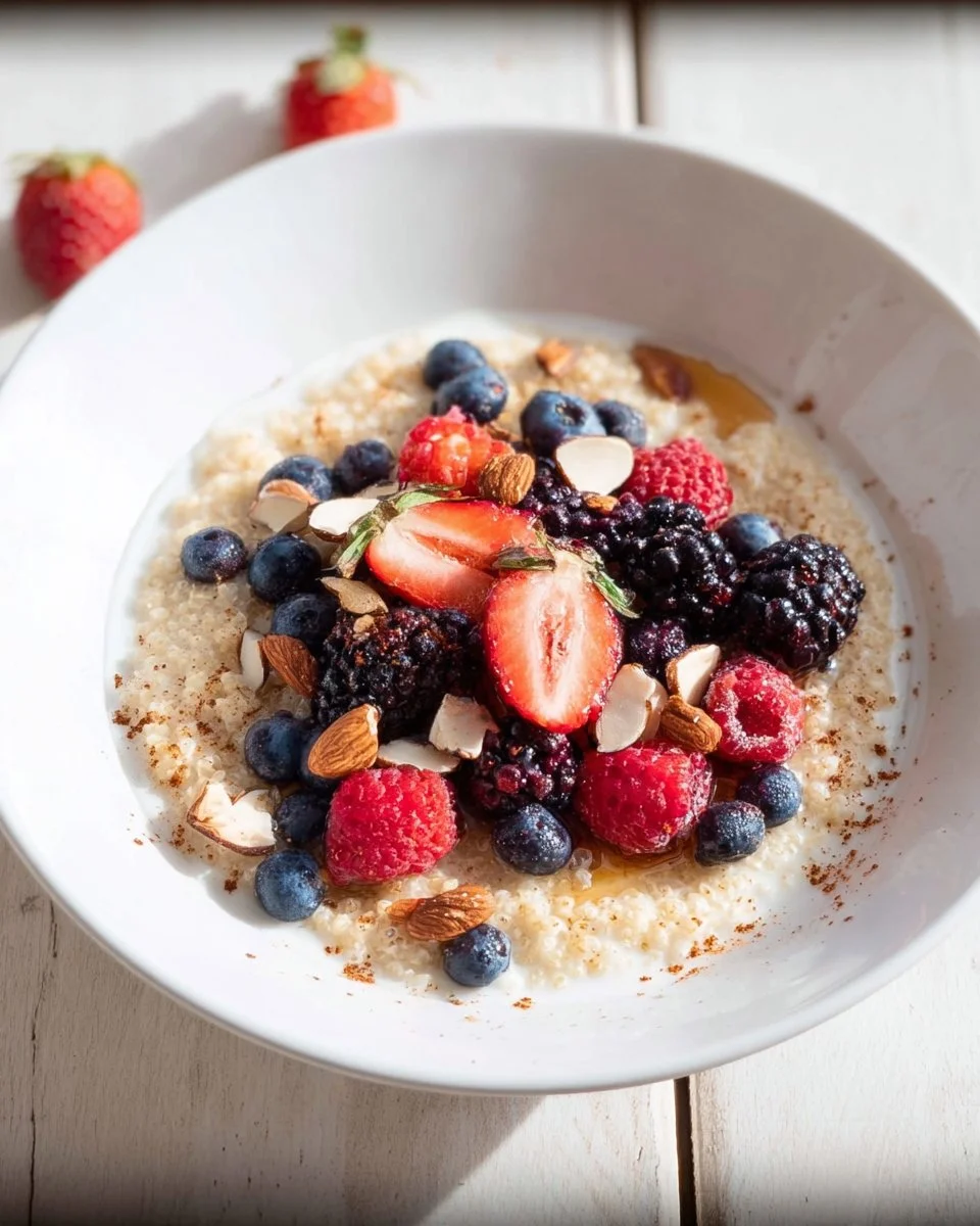 Bowl of millet porridge topped with fresh berries for a healthy breakfast