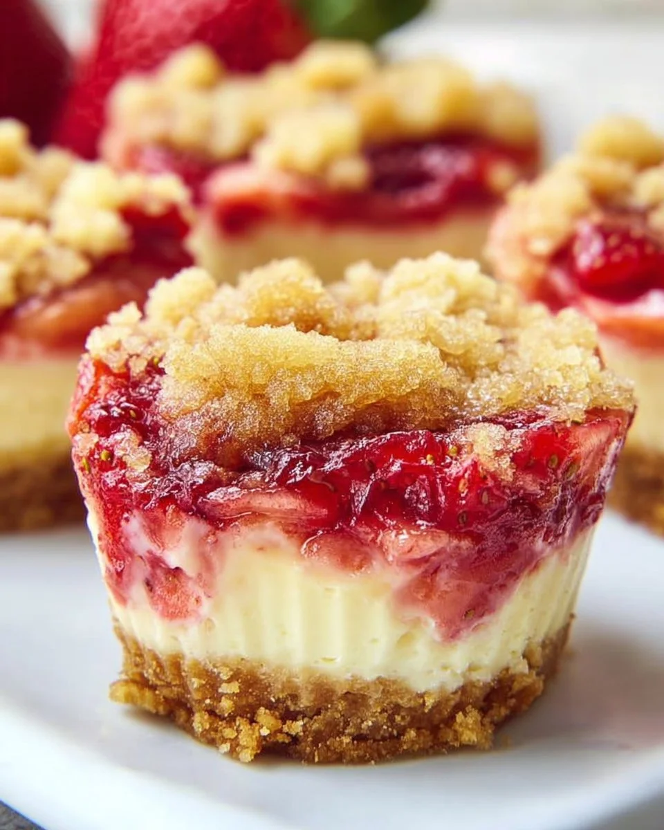Mini strawberry cheesecakes topped with fresh strawberries and whipped cream