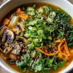 Bowl of Miso Ginger Winter Soup topped with green onions and sesame seeds