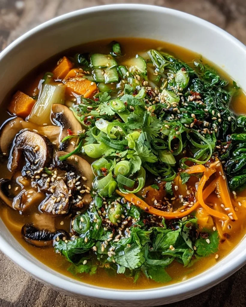 Bowl of Miso Ginger Winter Soup topped with green onions and sesame seeds