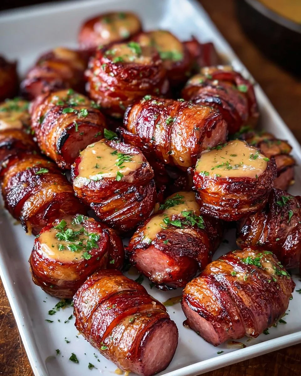 Mustard Hasselback Kielbasa Bites served on a platter with dipping sauce