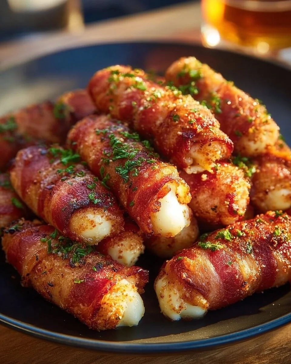 Nashville hot bacon-wrapped mozzarella sticks served on a platter