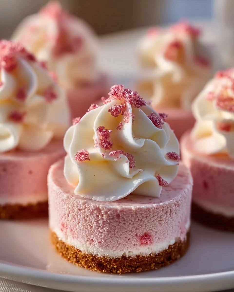 No-Bake Pink Velvet Cheesecake Bites garnished with whipped cream and sprinkles