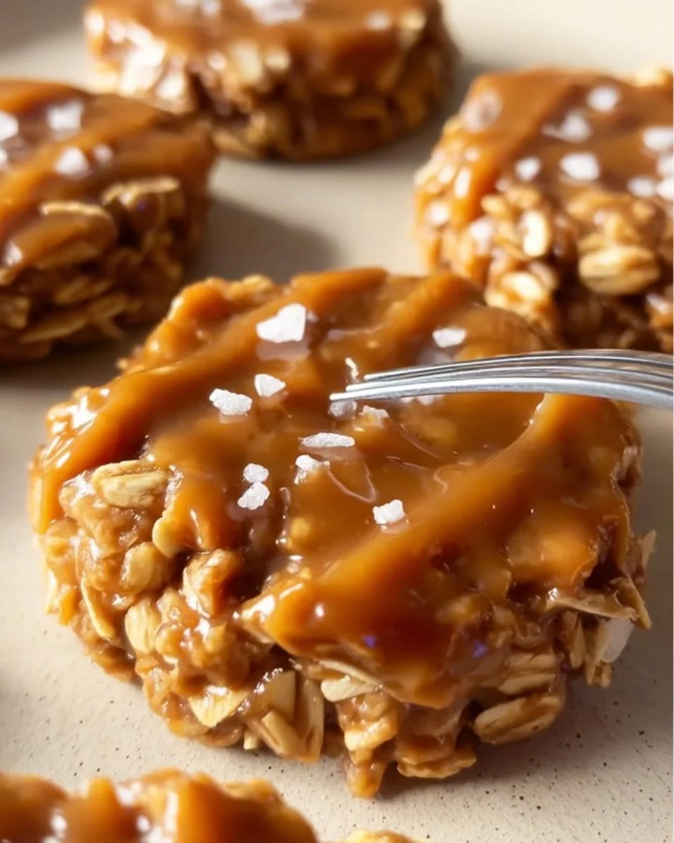 Delicious no-bake salted caramel cookies stacked on a plate