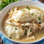Bowl of old-fashioned chicken and dumplings with vegetables and herbs